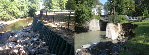 before and after photos of geocell wal that washed away in Hurricane Irene